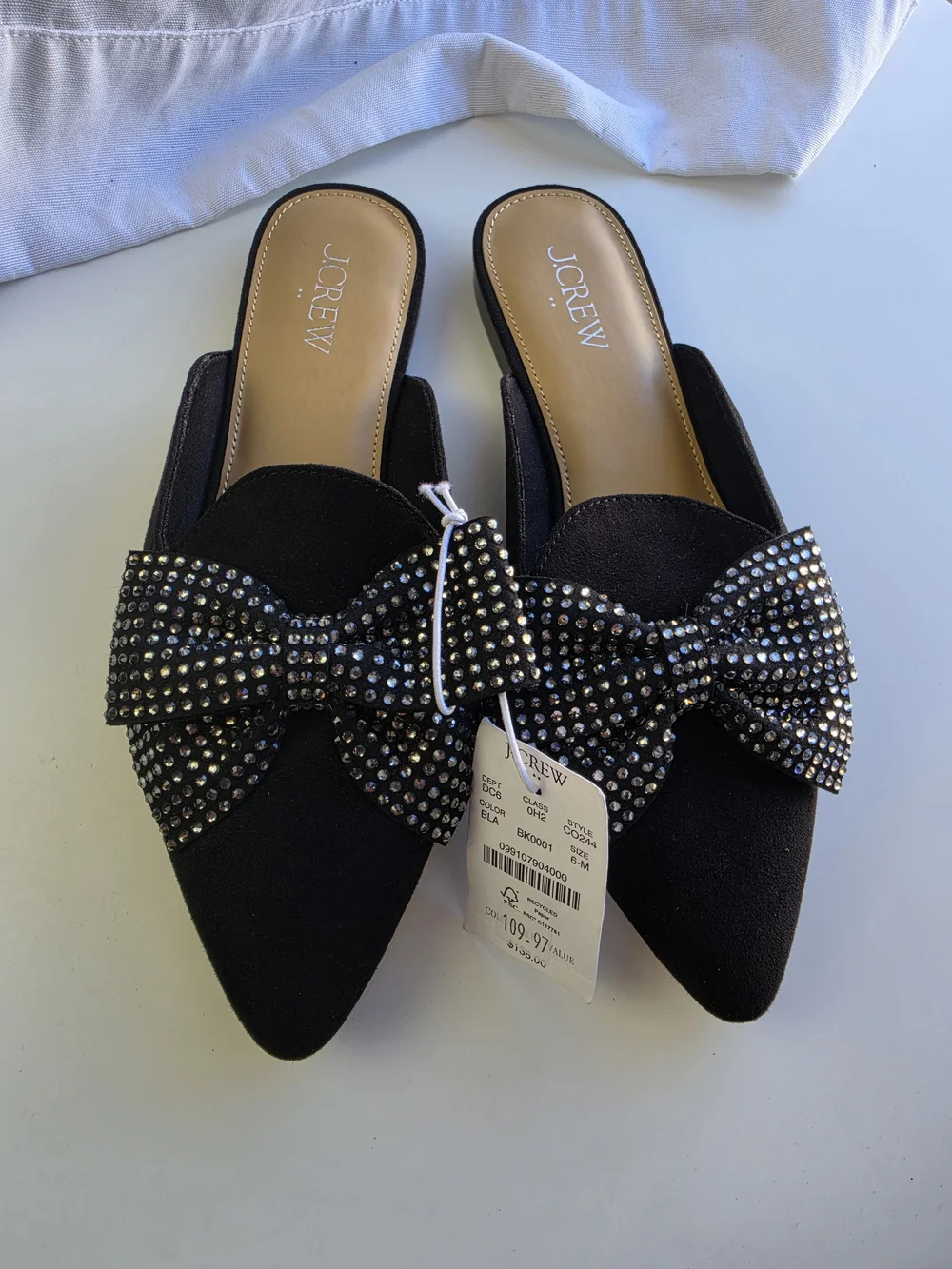 NWT J.Crew Black Embellished Bow Pointed-Toe Mules Dressy Casual Sze 6